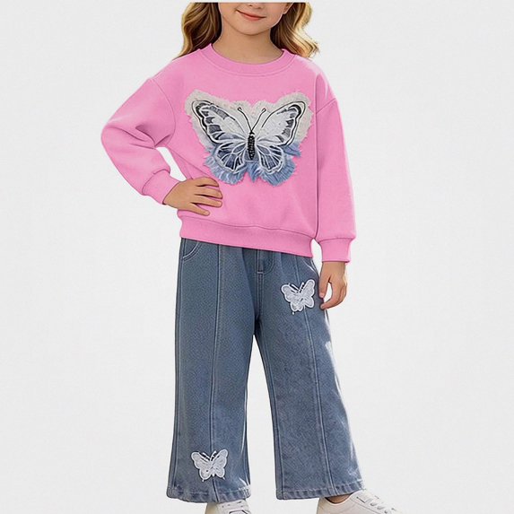 DJDLJWCJ 2 Piece Girls Casual Outfit Sets Bow Print Long Sleeve Crewneck Sweatshirt with Elastic Waist Wide Leg Pants Set Hot Pink Size 12M