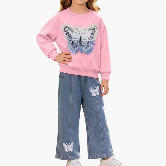 DJDLJWCJ 2 Piece Girls Casual Outfit Sets Bow Print Long Sleeve Crewneck Sweatshirt with Elastic Waist Wide Leg Pants Set Pink Size 6M