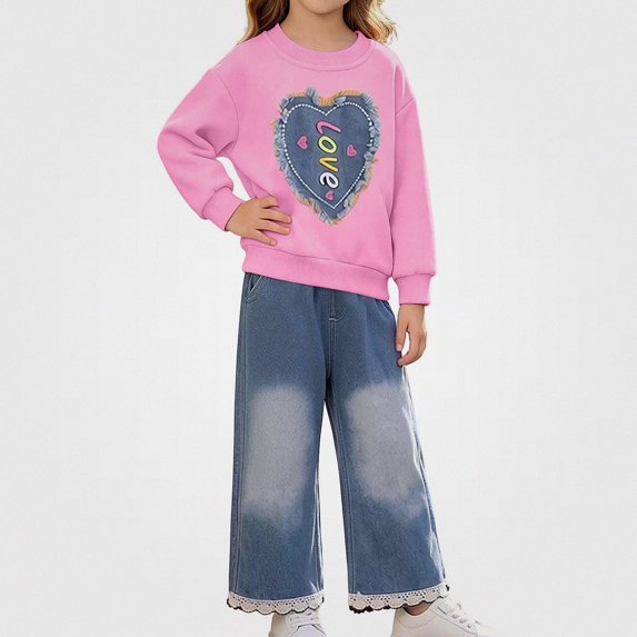DJDLJWCJ 2 Piece Girls Casual Outfit Sets Cute Print Long Sleeve Crewneck Sweatshirt Elastic Waist Wide Leg Pants Set Hot Pink Size 2T