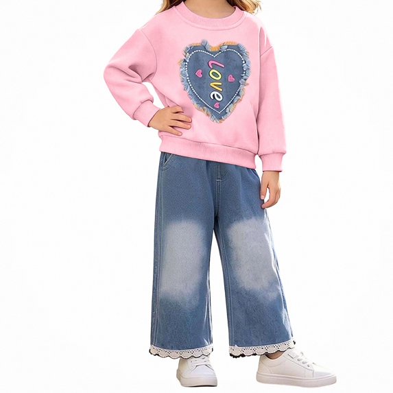DJDLJWCJ 2 Piece Girls Casual Outfit Sets Cute Print Long Sleeve Crewneck Sweatshirt Elastic Waist Wide Leg Pants Set Pink Size 2T