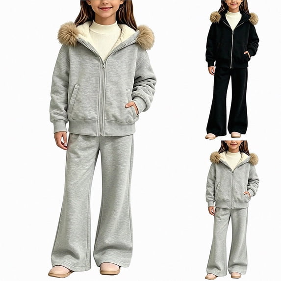 DJDLJWCJ 2 Piece Girls Outfit Set Fleece Lined Winter Warm Hoodie Jacket and Elastic Waist Wide Leg Pants Ser Gray Size 5T