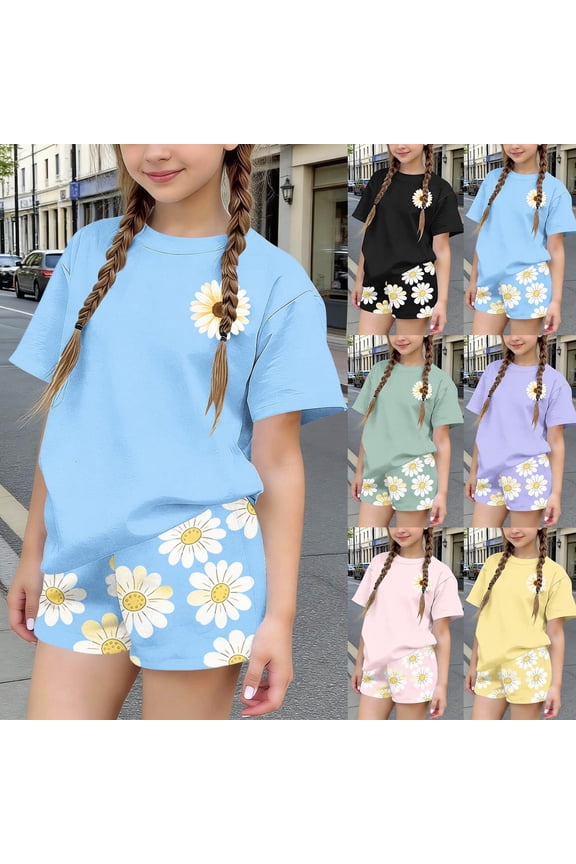 2 Piece Girls Short Sleeve Tee and Shorts Set Summer Crewneck Tee Shirts with Stretch Soft Elastic Waist Shorts Purple Size 4-5 Years