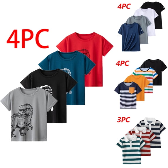 DJDLJWCJ 4 Pack Boys Athletic T-Shirt Crewneck Casual Printed Quick Dry Graphic Tee Lightweight Stretch Soft Summer Athletic Tee Shirts Black Size 5 Years