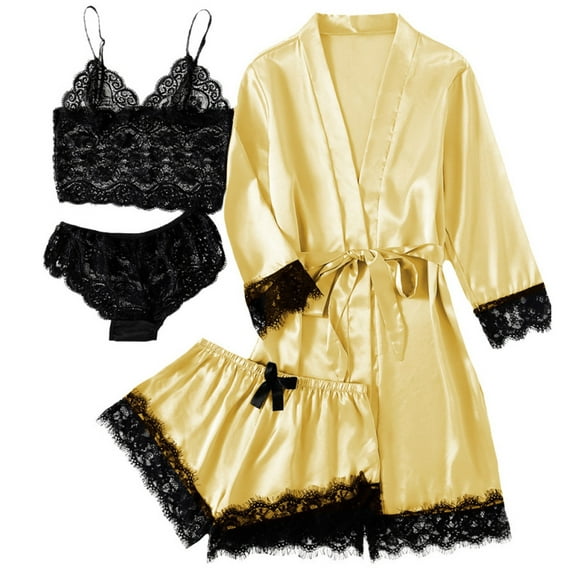 DJDLJWCJ 4PC Set Ice Silk Robes for Women Long Sleeve Sleep Robe for Women Lace Lightweight Comfort Bath Sleepwear with Belt, Womens Pajamas Loungewear Yellow M