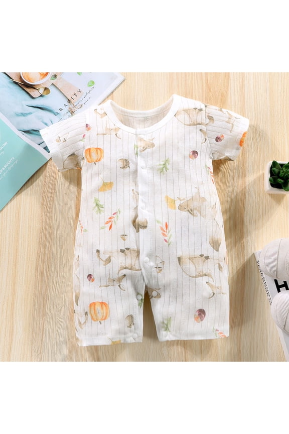 Baby Boys Dinosaur Romper Baby Bodysuit Cute Printed Stretch Soft Onesie Girls Short Sleeve Jumpsuit Beige Size 4Months