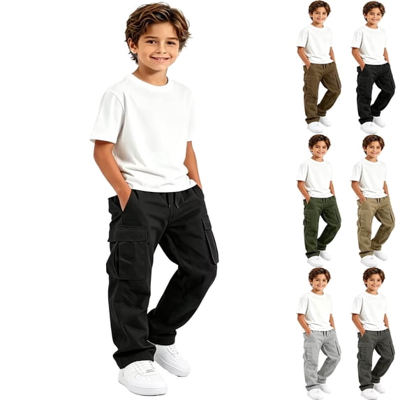 DJDLJWCJ Big Boys Cargo Pants Elastic Waist Multi Pockets School Uniform Pants Straight Leg Comfortable Active Long Pants Black Size 14
