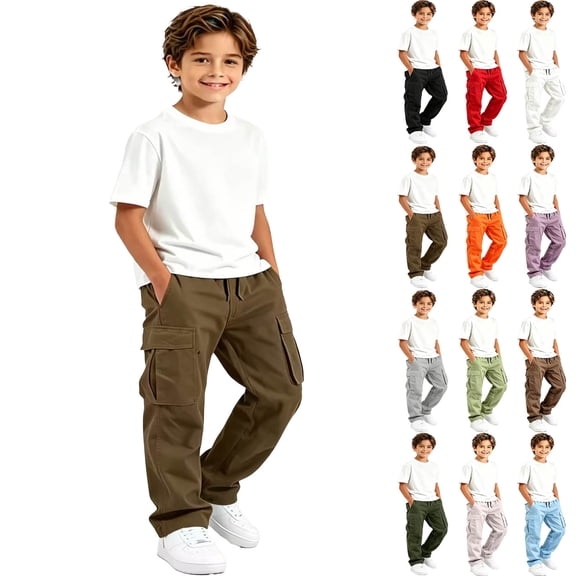 DJDLJWCJ Big Boys Cargo Pants Elastic Waist Multi Pockets School Uniform Pants Straight Leg Comfortable Active Long Pants Brown Size 5T
