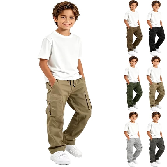 DJDLJWCJ Big Boys Cargo Pants Elastic Waist Multi Pockets School Uniform Pants Straight Leg Comfortable Active Long Pants Khaki Size 14