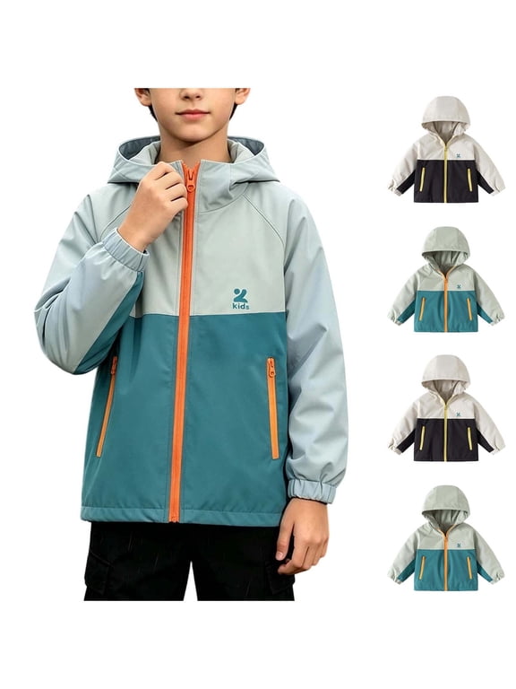 Big Boys Waterproof Jacket with Hood Zip Up Windbreaker Raincoat Solid Color Softshell Long Sleeve Jacket Black Size 5