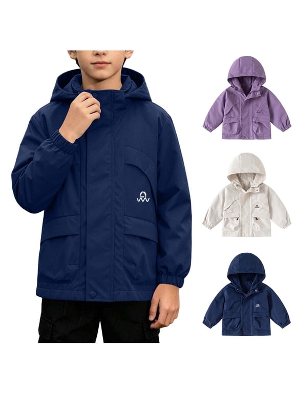 Big Boys Zip Up Hooded Jacket Waterproof Windbreaker Raincoat Solid Color Softshell Long Sleeve Jacket Navy Size 9