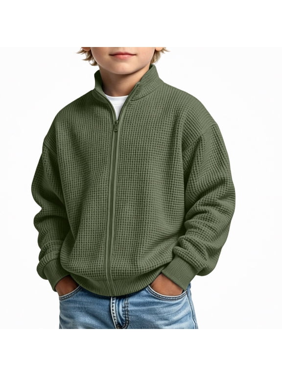 Big Boys Zip Up Jacket Stand Collar Solid Color Long Sleeve Casual Sweatshirt Waffle Knit Outerwear for Fall Winter Army Green Size 5T