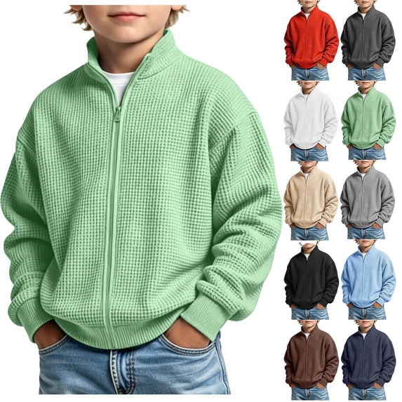 DJDLJWCJ Big Boys Zip Up Jacket Stand Collar Solid Color Long Sleeve Casual Sweatshirt Waffle Knit Outerwear for Fall Winter Green Size 5T