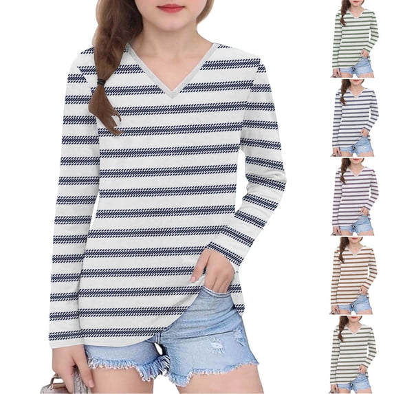 DJDLJWCJ Big Girls Long Sleeve V Neck T-Shirts Stretch Soft Stripe Tops Orange Size 7