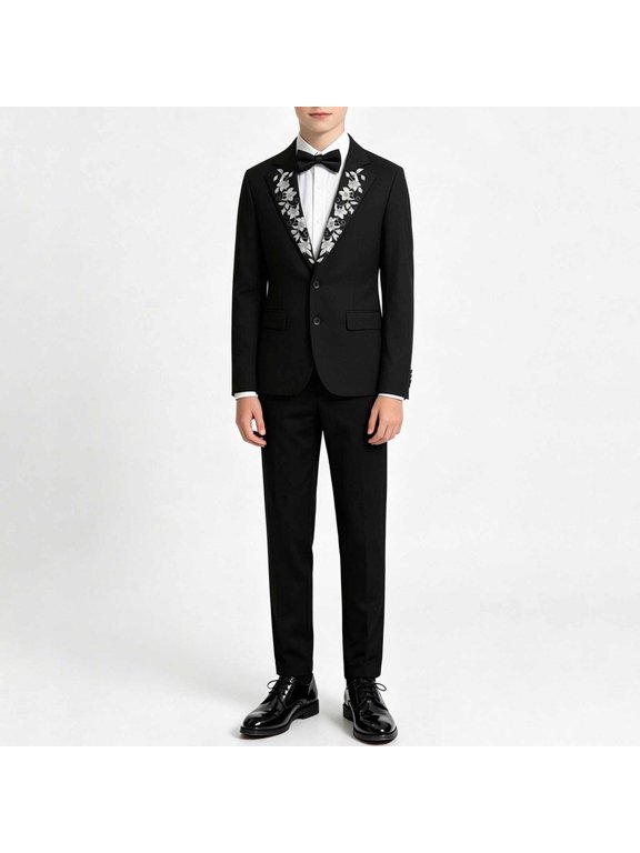 Boys Blazer Set 2 Piece Printed Jacket with Slim Fit Dress Pants Formal Suit for Kids Youth Wedding Party Stage Performance Host Black Size 9