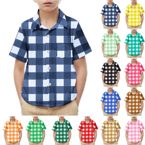 DJDLJWCJ Boys Button Down Shirts Short Sleeve Summer Lightweight Plaid Printed Tee Shirts Breathable Soft polo T Shirts Black Size 5 Years