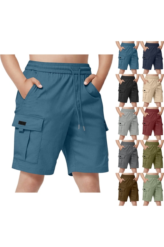 Boys Cargo Shorts with Pockets Elastic Waist Relaxed Fit Athletic Shorts Workout Pants Boys for Outdoor Sports, Blue 14 Years