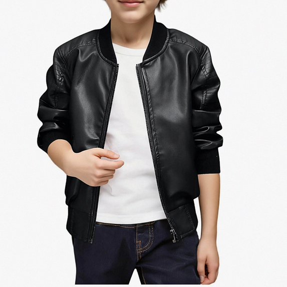 DJDLJWCJ Boys Fleece Lined Leather Jacket Kids Solid Color Stand Collar Zip Up Winter Jacket, Windproof Warm Outerwear Black Size 4T
