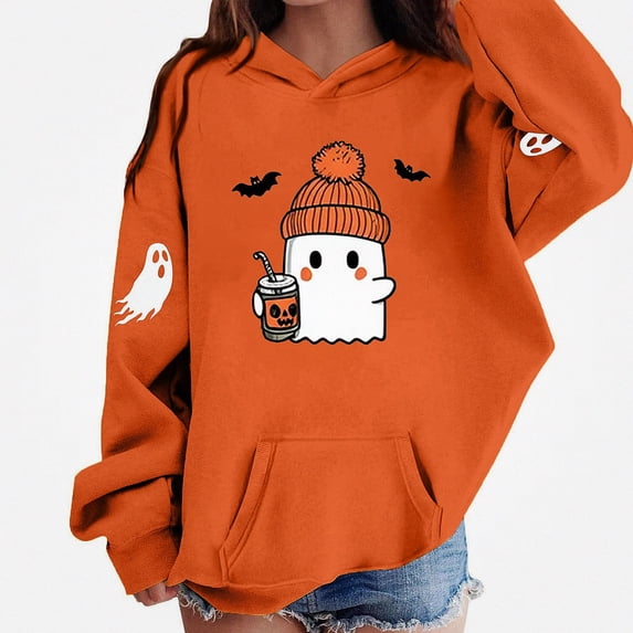 DJDLJWCJ Boys Halloween Graphic Hoodie Kids Halloween Print Pullover Sweatshirts, Fun Casual Fall Festival Tops Orange Size 10
