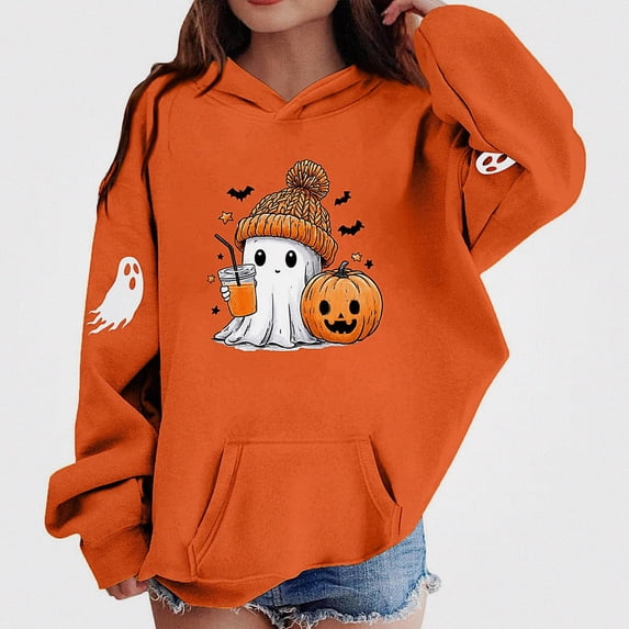 DJDLJWCJ Boys Halloween Graphic Hoodie Kids Halloween Print Pullover Sweatshirts, Fun Casual Fall Festival Tops Orange Size 10
