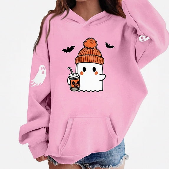 DJDLJWCJ Boys Halloween Graphic Hoodie Kids Halloween Print Pullover Sweatshirts, Fun Casual Fall Festival Tops Pink Size 7