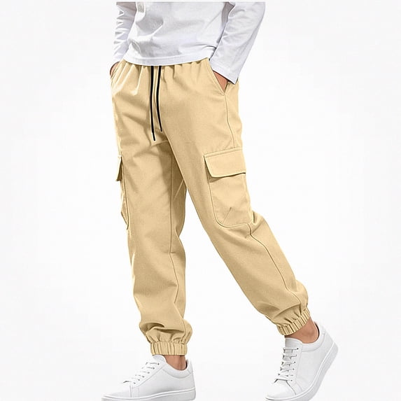 DJDLJWCJ Boys Jogger Cargo Pants Elastic Waist Lightweight Hiking Pants with Pocket Outdoor Long Trousers Beige Size 12