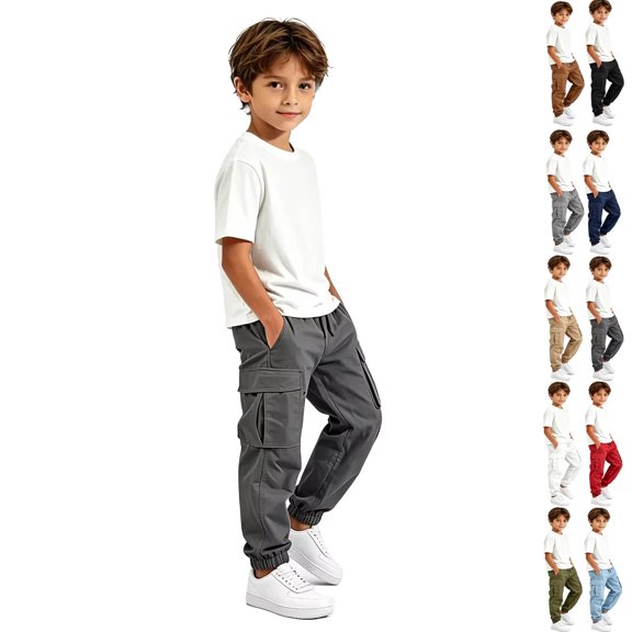 DJDLJWCJ Boys Jogger Cargo Pants Solid Color Elastic Waist Casual Pants Multi-pocket Outdoor Hiking Pants Dark Gray Size 14