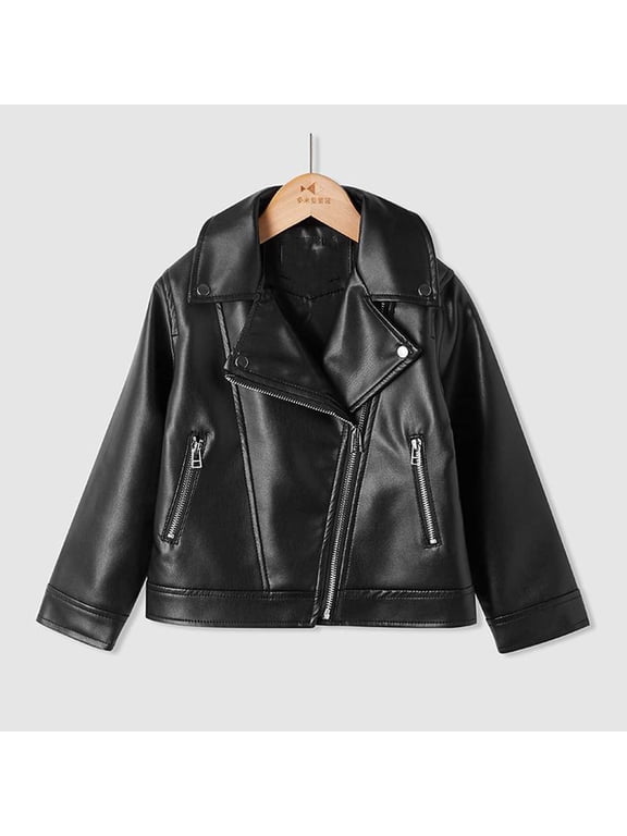 Boys Leather Jacket 1-13 Faux Leather Solid Color Biker Style Kids Jacket Winter Windproof Zipper Up Jacket Black Size 12
