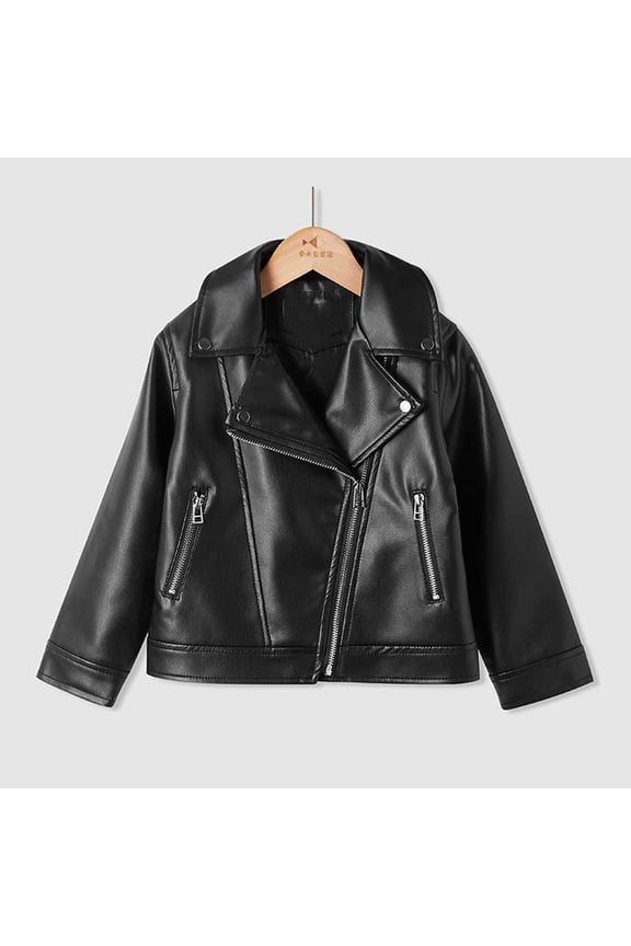 Boys Leather Jacket 1-13 Faux Leather Solid Color Biker Style Kids Jacket Winter Windproof Zipper Up Jacket Black Size 9