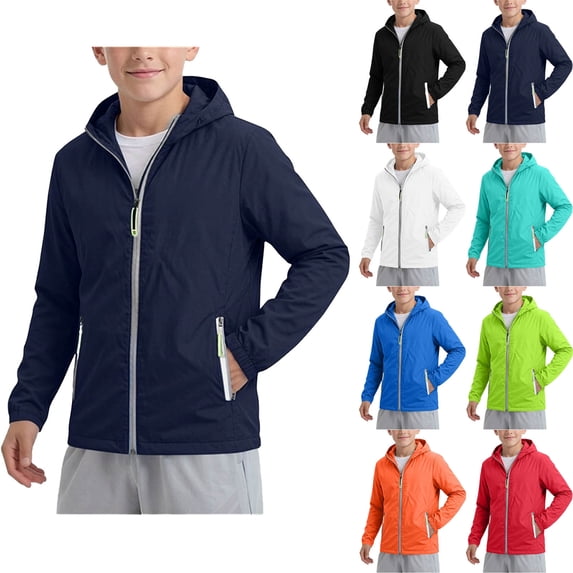 DJDLJWCJ Boys Lightweight Jacket with Hood Long Sleeve Windbreaker Softshell Zip Up Jacket Solid Color Rain Jacket Navy Size 5-6Years