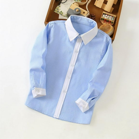 DJDLJWCJ Boys Long Sleeve Button Down Dress Shirts Summer Fashion Solid Short Sleeve Lapel Shirt Blue L