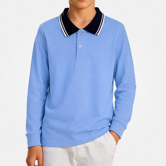 DJDLJWCJ Boys Long Sleeve polo Shirt Kids Solid Color Lapel Basic Shirt School Uniform Tops Sky Blue Size 14