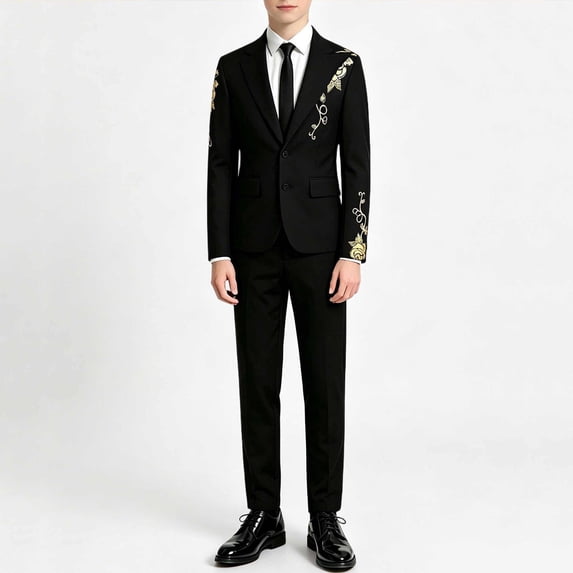 DJDLJWCJ Boys Performance Suit 3 Piece Set Gold Design Blazer with Tie and Dress Pants Slim Fit Formal Wear for School Black Size 11