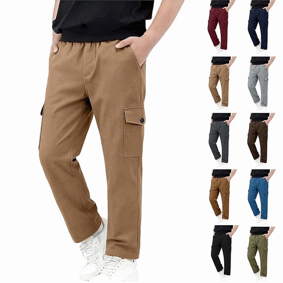 DJDLJWCJ Boys School Uniform Pants Comforty Elastic Waist Straight Cargo Pants Solid Color Side Pocket Casual Trousers Khaki Size 5T