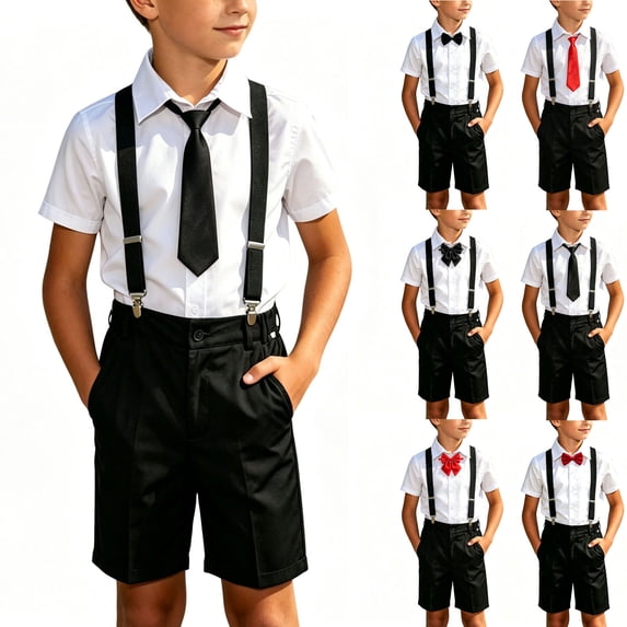 DJDLJWCJ Boys School Uniform Sets 4 Piece Short Sleeve White Shirt and Flat Front Shorts ,Adjustable Suspenders with Tie Black Size 3T
