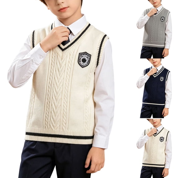 DJDLJWCJ Boys School Uniform Sweater Vest Preppy Sleeveless Knit Vest Comfortable Pullover Sweaters Gray Size 2T