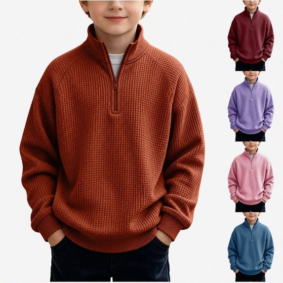 DJDLJWCJ Boys Sweatshirts Quarter Zipper Long Sleeve Pullover Sweatshirt Lightweight Solid Color Tops Orange Size 3T