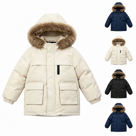 DJDLJWCJ Boys Winter Puffer Coat with Hood Boys Thicken Warm Quilted Jacket Insulated Mid Length Outerwear Beige Size 5T