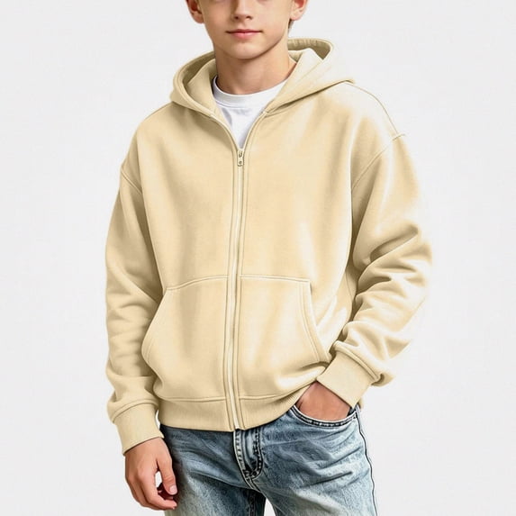 DJDLJWCJ Boys Zip Up Hooded Sweatshirts Relaxed Fit Solid Color Hoodies for Boys Cotton Full Zipper Sweatshirt Beige Size 4T