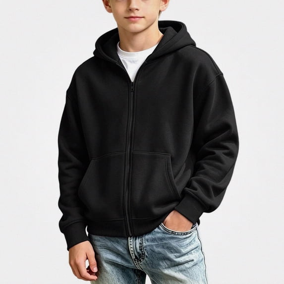 DJDLJWCJ Boys Zip Up Hooded Sweatshirts Relaxed Fit Solid Color Hoodies for Boys Cotton Full Zipper Sweatshirt Black Size 5T
