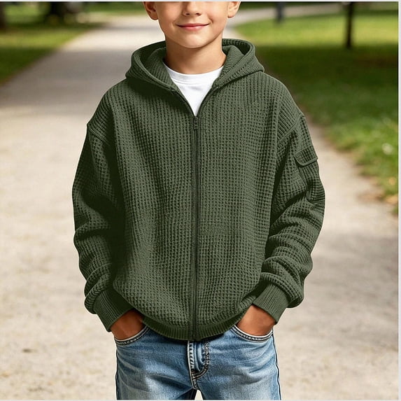 DJDLJWCJ Boys Zip Up Hooded Sweatshirts Waffle Knit Solid Color Hoodies for Boys Full Zipper Sweatshirt with Pocket Army Green Size 3T
