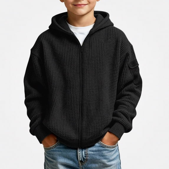DJDLJWCJ Boys Zip Up Hooded Sweatshirts Waffle Knit Solid Color Hoodies for Boys Full Zipper Sweatshirt with Pocket Black Size 3T