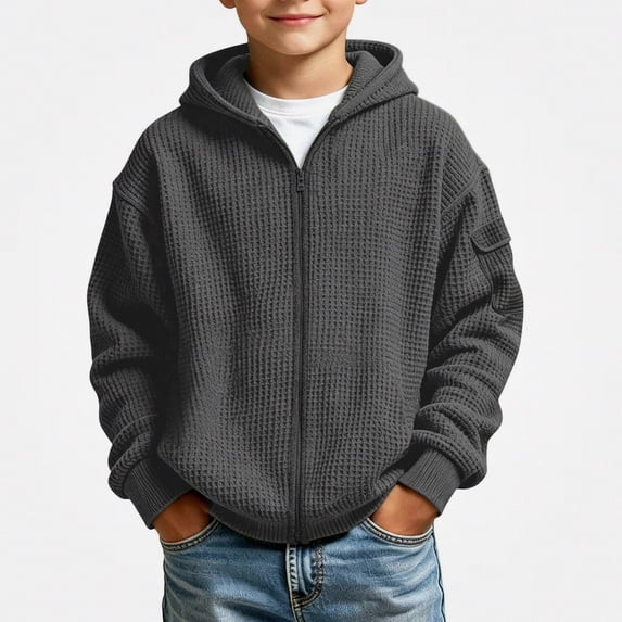 DJDLJWCJ Boys Zip Up Hooded Sweatshirts Waffle Knit Solid Color Hoodies for Boys Full Zipper Sweatshirt with Pocket Dark Gray Size 3T