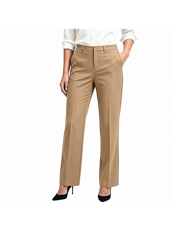 Business Pants for Women Straight Leg High Waist Work Trousers Solid Color Side Pocket Suit Pants Khaki Size L