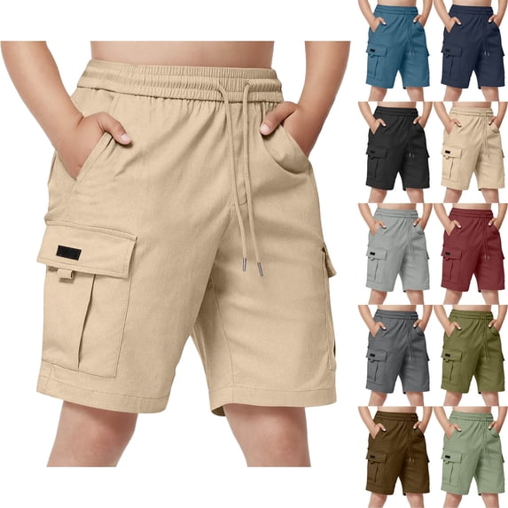 DJDLJWCJ Cargo Shorts for Boys Athletic Shorts 14-16 Elastic Waist Straight Leg Workout Shorts Multi-pocket Outdoor Hiking Sports, Beige 8 Years
