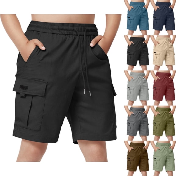 DJDLJWCJ Cargo Shorts for Boys Athletic Shorts 14-16 Elastic Waist Straight Leg Workout Shorts Multi-pocket Outdoor Hiking Sports, Black 14 Years