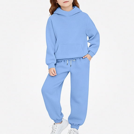 DJDLJWCJ Girls 2 Piece Outfit Set Solid Color Long Sleeve Pullover Hoodie and Elastic Waist Jogger Sweatpants Set Light Blue Size 6