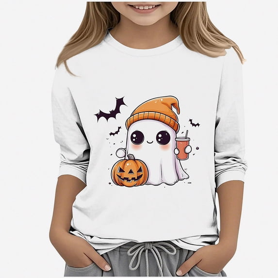 DJDLJWCJ Girls 3/14 Sleeve Halloween Shirt Kids Casual Crewneck Graphic Blouses for Halloween White Size 3T