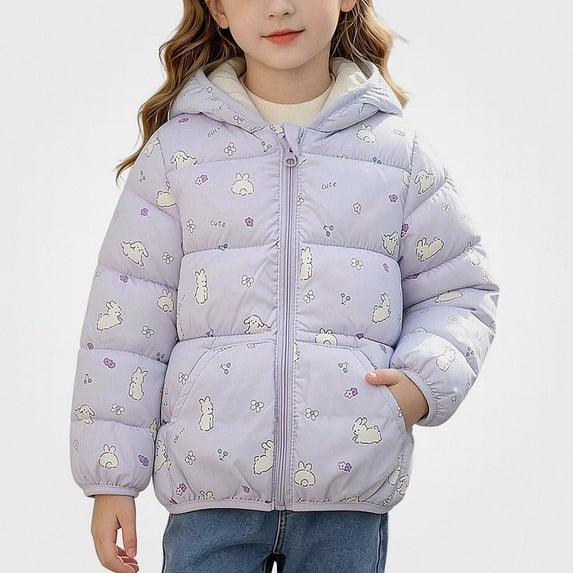 DJDLJWCJ Girls Bear Ears Jacket Cute Printed Puffer Coat Zip Up Winter Warm Jacket with Hood Purple Size 2T