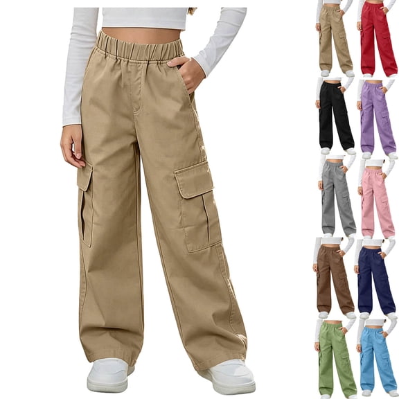DJDLJWCJ Girls Cargo Pants Elastic Waist Wide Leg Pull On Pants Side Pocket Solid Color School Uniform Pants Khaki Size 5T
