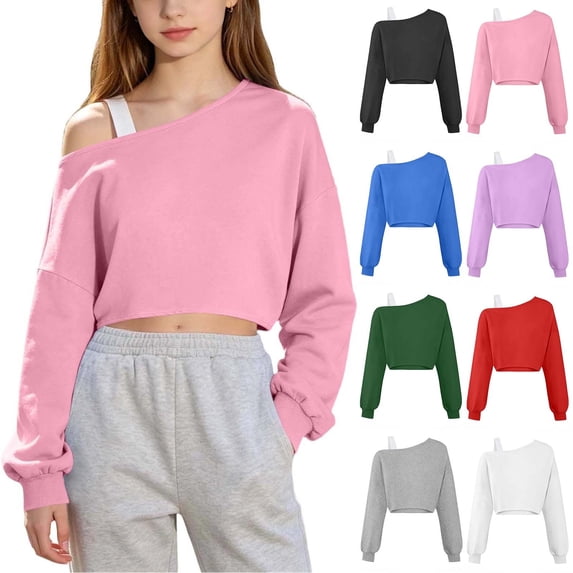 DJDLJWCJ Girls Cropped Sweatshirt Solid Color Off Shoulder Cutout Top Short Slim Fit Long Sleeve Pullover White Size 5